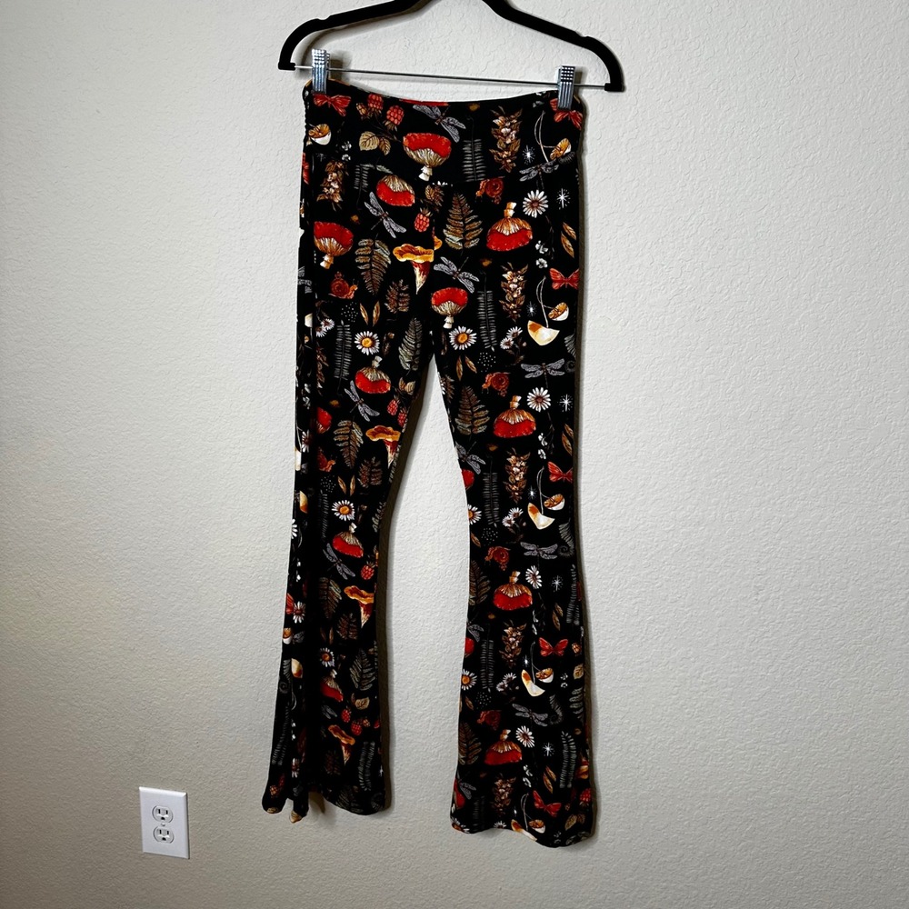 Earthbound Trading Co Mushroom Forest Print Flare Leg Pants Black Small